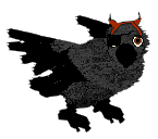 A black raven with an eyepatch and a red horned headband